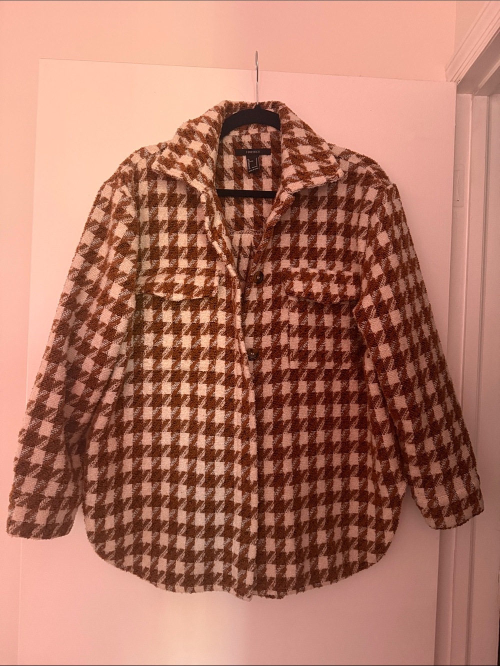 Forever 21 Brown & Cream Houndstooth Teddy Jacket